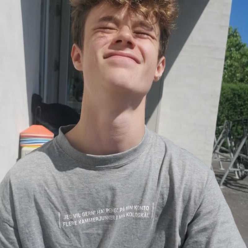 Udskåret folie på en t-shirt. Jeg vil gern' ha' peng' på min konto. Flere kammerjunker i min koldskål